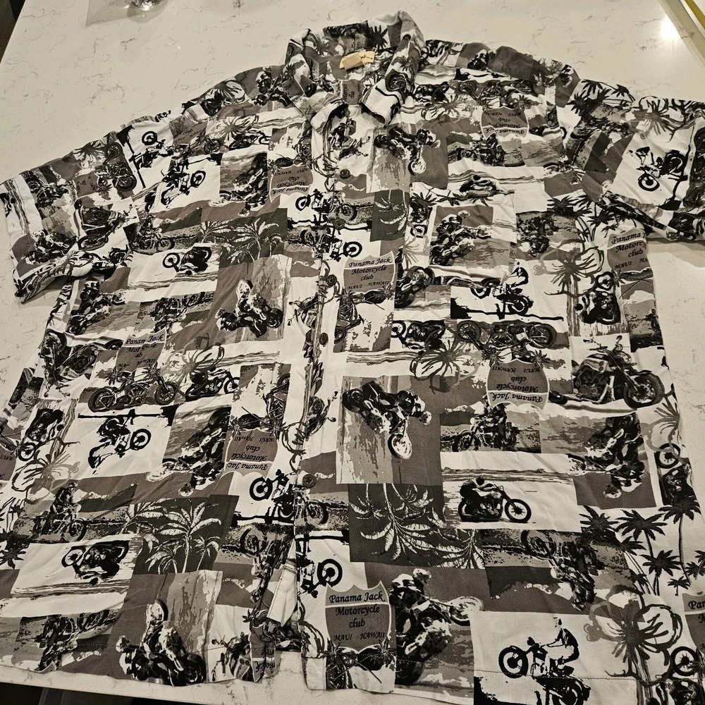 Panama Jack‎ Motorcycle Club Maui Hawaii Mens Button Down Shirt 3XL Grey Black